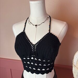 goth fairy knit handmade halter beaded
crop top black crochet